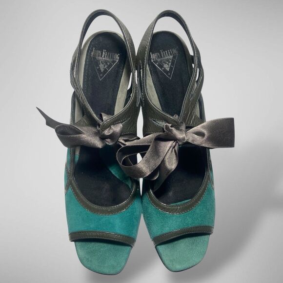 JOHN FLUEVOG Miracles Fatima Open toe Pump Heels Shoes Women Sz 7 Turquoise Grey - Picture 2 of 11